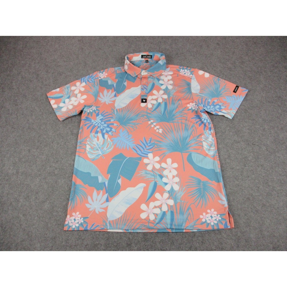Bad Birdie Polo Shirt Mens Medium Orange Blue Floral Golf Performance Stretch